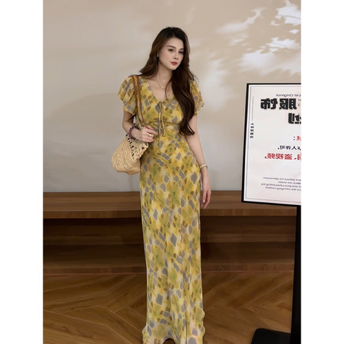 大婷婷 夏季新款法式碎花V领绑带收腰显瘦气质长款连衣裙DT2259