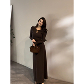 镂空领轻奢时尚 大婷婷 秋冬新款 赫本风名媛连衣裙显瘦长裙DT1856