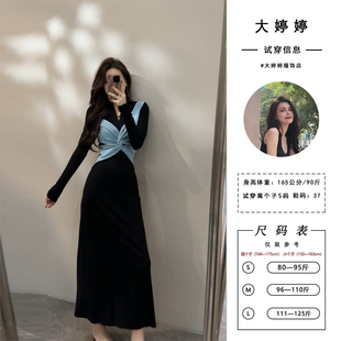 气质通勤风拼接扭结小众V领连衣裙长裙DT1638 新款 大婷婷 秋季