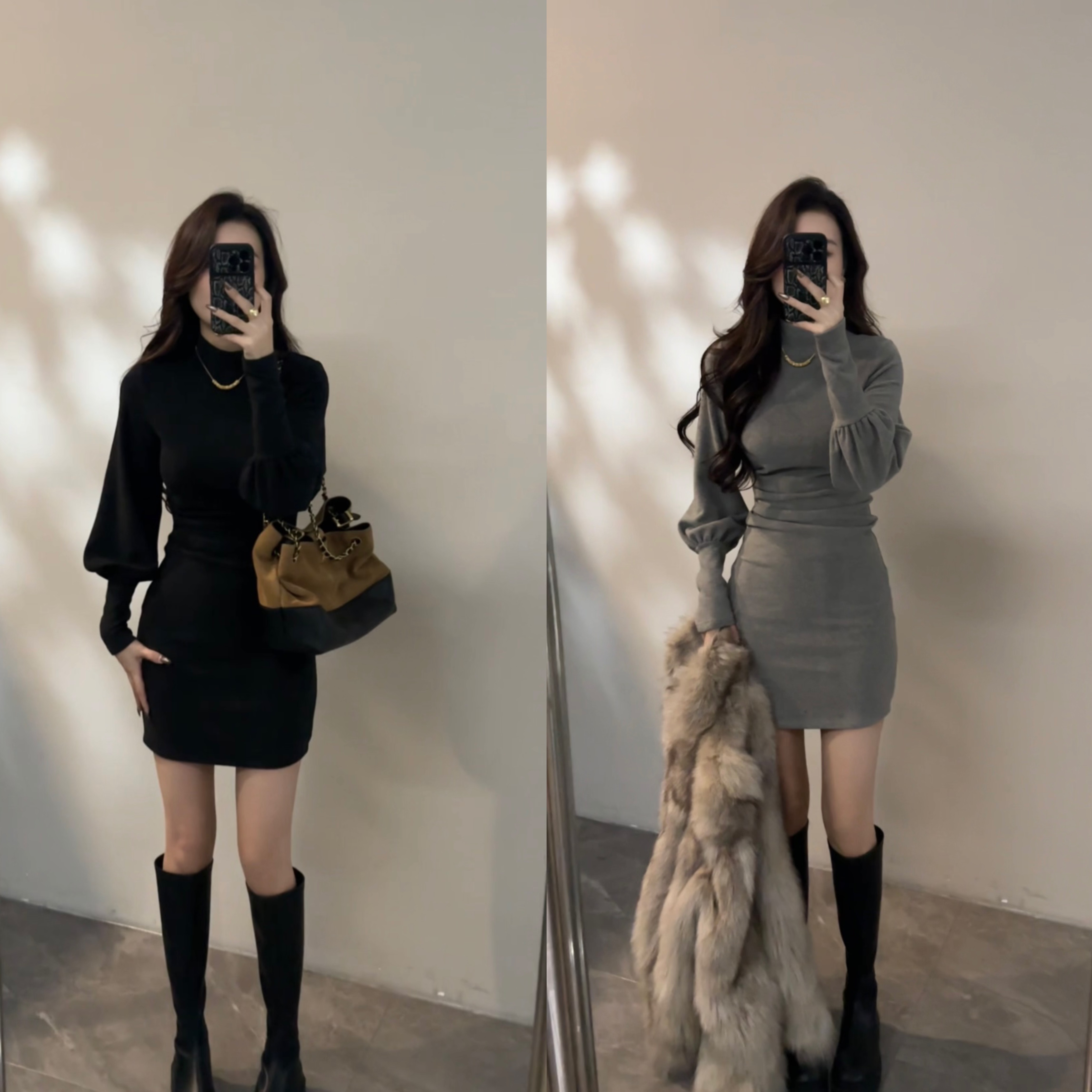 复古冬季灯笼袖半高领连衣裙