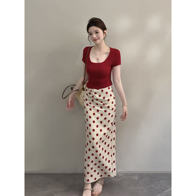 颂宋 夏季新款复古港风波点短袖上衣搭配休闲半身裙套装DT2039