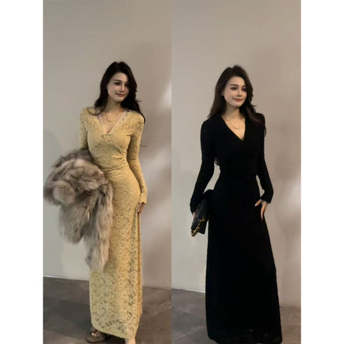 大婷婷  V领暗花时尚辣妹长裙法式收腰连衣裙宴会百搭裙子DT1855