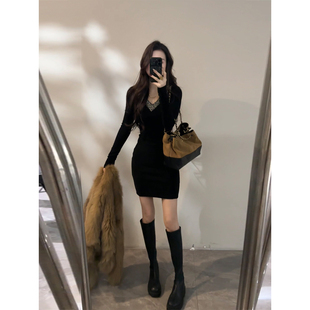 大婷婷 显瘦气质V领拼接细钻秋冬连衣裙收腰时尚裙子短裙DT1888