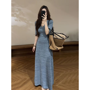 大婷婷 新款法式收腰显瘦夏季时尚V领纽扣设计中袖连衣裙DT2179