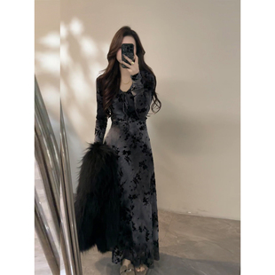 大婷婷 印花设计时尚渐变V领秋冬长袖连衣裙收腰女装长裙DT1820