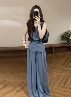 大婷婷 夏季新款慵懒无袖背心上衣阔腿裤通勤显瘦褶皱套装DT2178