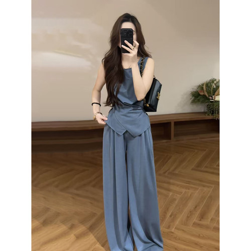 大婷婷 夏季新款慵懒无袖背心上衣阔腿裤通勤显瘦褶皱套装DT2178