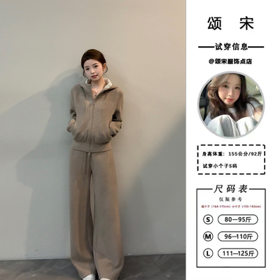 颂宋 秋冬加绒连帽卫衣外套搭配休闲阔腿长裤慵懒风套装DT1753