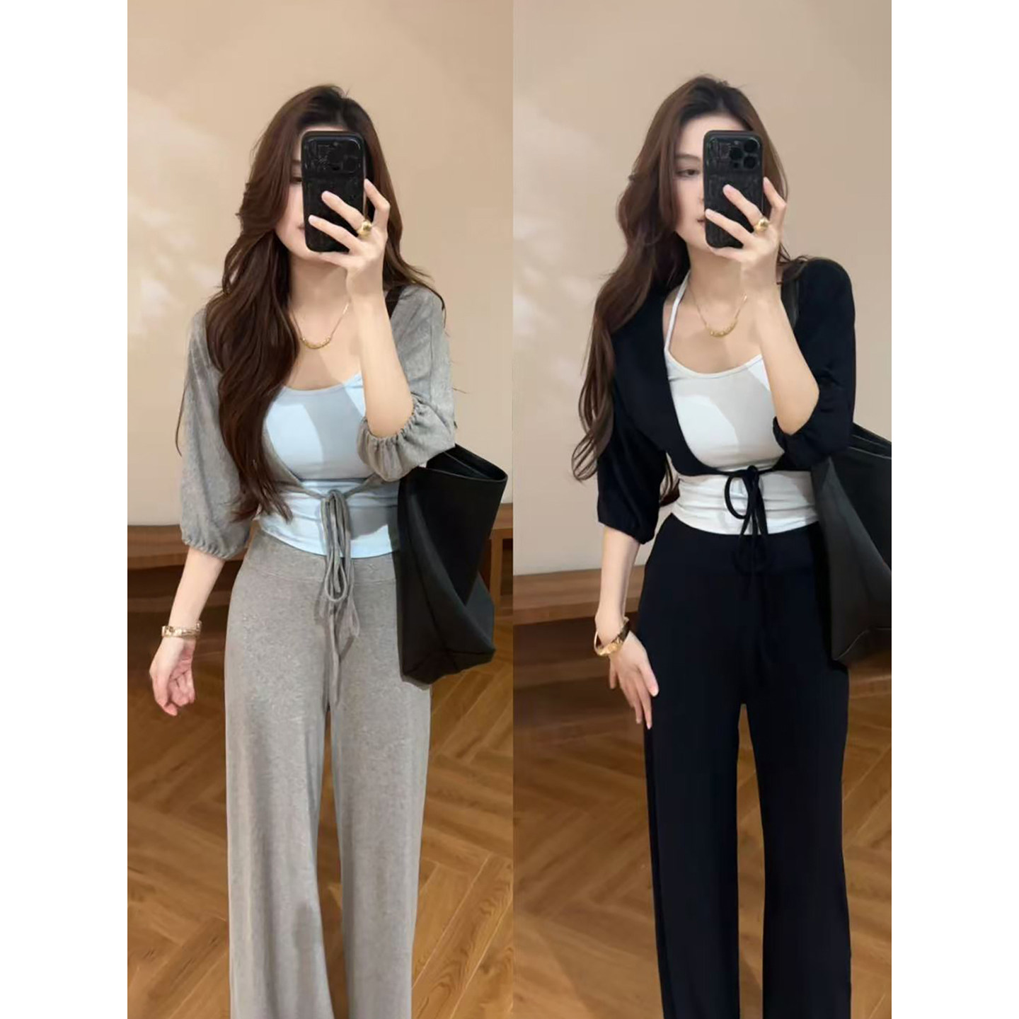 大婷婷 夏季新款灯笼袖开衫显瘦背心时尚休闲裤子女三件套DT2177图片