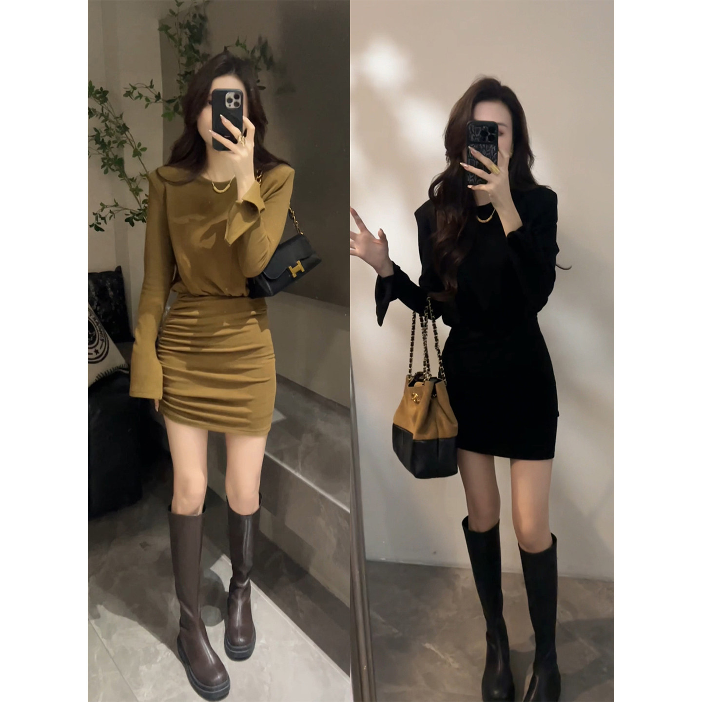 大婷婷 秋冬新款圆领设计感褶皱收腰显瘦包臀连衣裙短裙DT1828