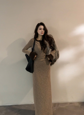 大婷婷 长裙长袖冬季新款拼接连衣裙双层收腰复古裙子DT1866