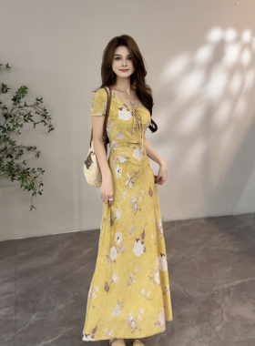 大婷婷 时尚显瘦法式绑带气质碎花收腰春夏季新款连衣裙DT1900