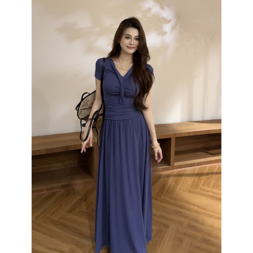 大婷婷 新款法式V领收腰显瘦夏季褶皱设计感时尚连衣裙DT2158