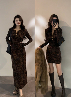 大婷婷 秋冬新款时尚豹纹复古显瘦修身轻奢连衣裙长袖裙子DT1859