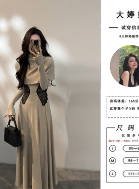 大婷婷 秋冬刺绣蝴蝶收腰连衣裙气质斗篷半高领两件套长裙DT1737