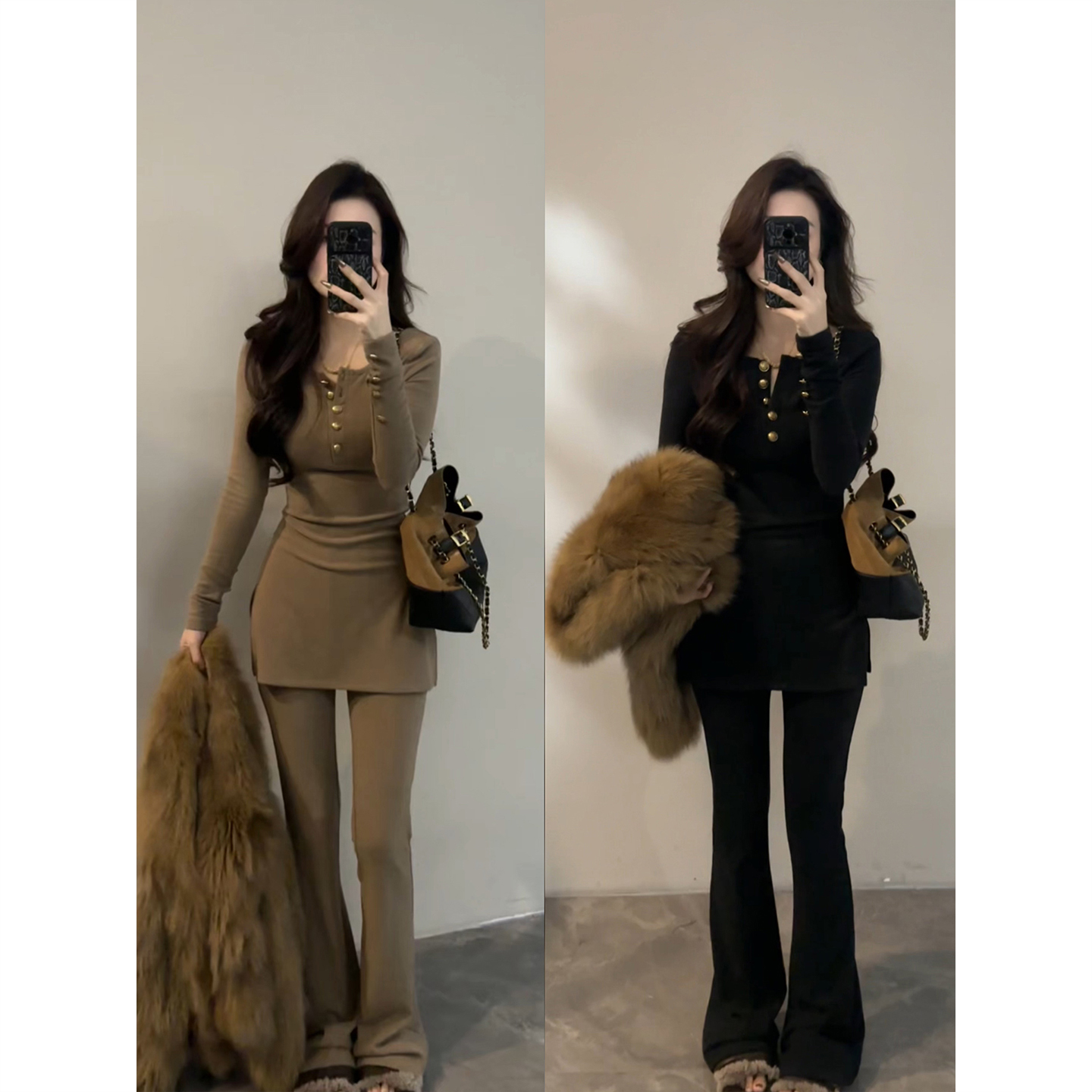 长袖休闲纽扣T恤时尚套装