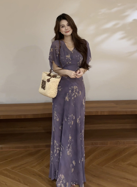大婷婷 夏季新款紫色韵味蝙蝠袖V领修身显瘦连衣裙长裙DT2186