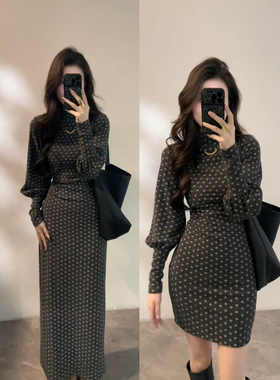 大婷婷 显瘦法式秋冬半高领收腰长袖裙子灯笼袖气质连衣裙DT1870