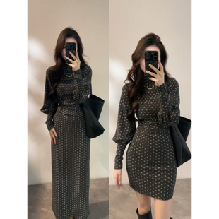 大婷婷 显瘦法式秋冬半高领收腰长袖裙子灯笼袖气质连衣裙DT1870