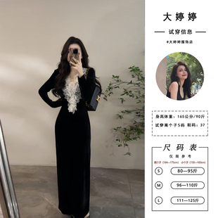 V领蕾丝拼接连衣裙气质复古轻奢时尚 秋季 显瘦DT1589 法式 大婷婷