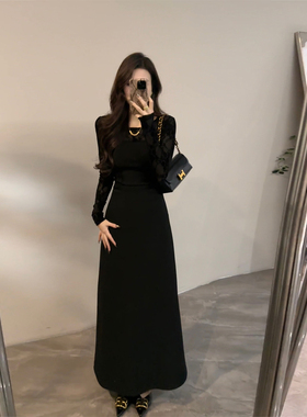 大婷婷 蕾丝拼接时髦设计女装长裙复古收腰小黑裙秋冬百搭DT1781