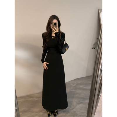 大婷婷 蕾丝拼接时髦设计女装长裙复古收腰小黑裙秋冬百搭DT1781