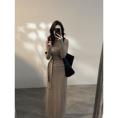 大婷婷 秋冬新款连衣裙显瘦长袖收腰绑带假两件女装长裙DT1835