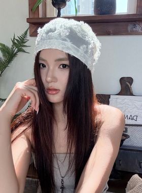 轻薄蕾丝毛纹堆堆帽白色透气包头帽新款小众夏季显脸小甜美可爱