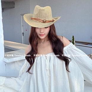 度假风草编帽女夏季防晒遮阳宽檐帽子海边大礼帽大檐遮阳帽美式