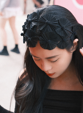 新款法式复古双发箍手工真丝麻立体雏菊花朵发卡加宽黑色发饰