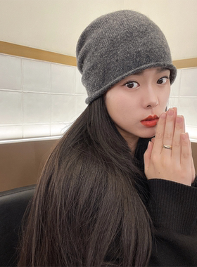 纯羊绒冷帽网红包头帽子秋冬季百搭保暖显脸小灰色针织毛线堆堆帽