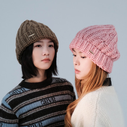 日系粗线毛线保暖帽女秋冬粗针防寒保暖针织帽大头围显脸小帽子