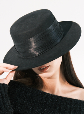 真丝麻羊毛呢礼帽秋冬新款黑色出游造型保暖法式英伦爵士帽女