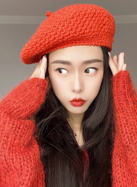 秋冬季手工针织毛线帽红色贝雷帽显脸小百搭保暖时尚文艺画家帽