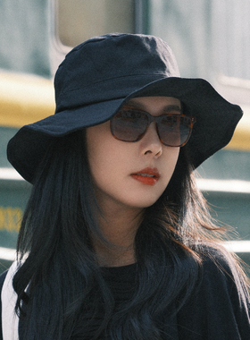 渔夫帽防晒耀司遮阳黑色复古休闲盆帽大帽檐显脸小帽子