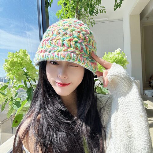 iu李智恩同款彩色编织毛线渔夫帽女秋冬韩版手工混色粗针织帽子