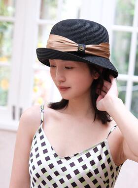 M标卷边缎带草帽旅游沙滩短檐夏季防晒遮阳草帽子女透气黑白色帽