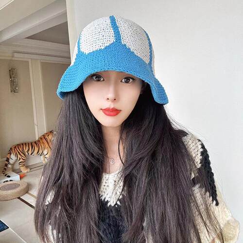 韩版小众拼接针织渔夫帽秋冬季女百搭手工编织薄款透气显脸小盆帽