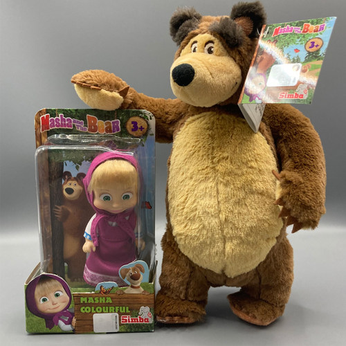 正版MashaBear玛莎和熊玩偶公仔紫裙玛莎+毛毛熊站姿公仔人偶