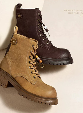 商场同款复古擦色工装靴女2025冬靴商场同款串珠粗跟休闲短靴E5C1