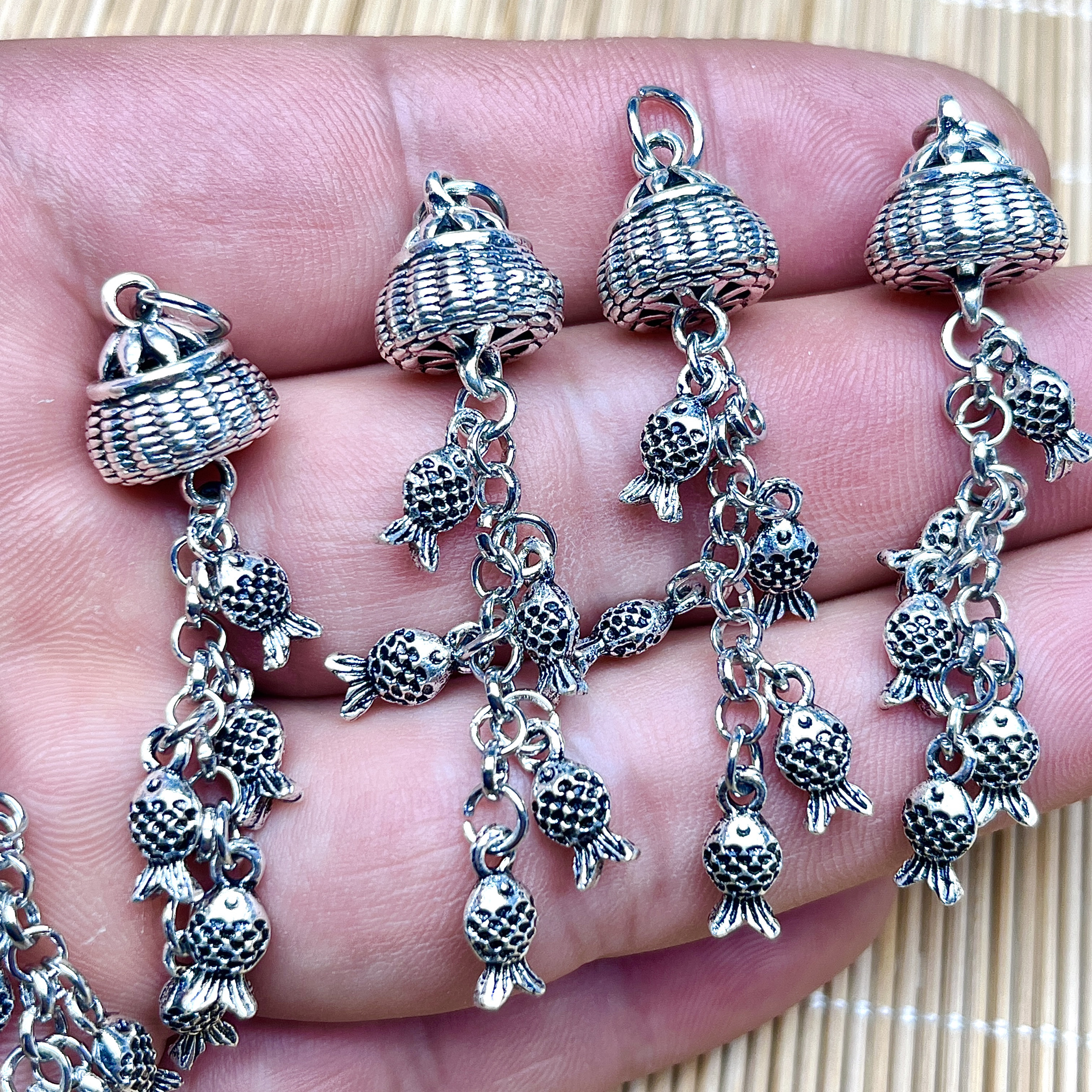 意工三七做旧老银鱼篓年年有鱼流苏配件DIY手串项链饰品吊坠一个