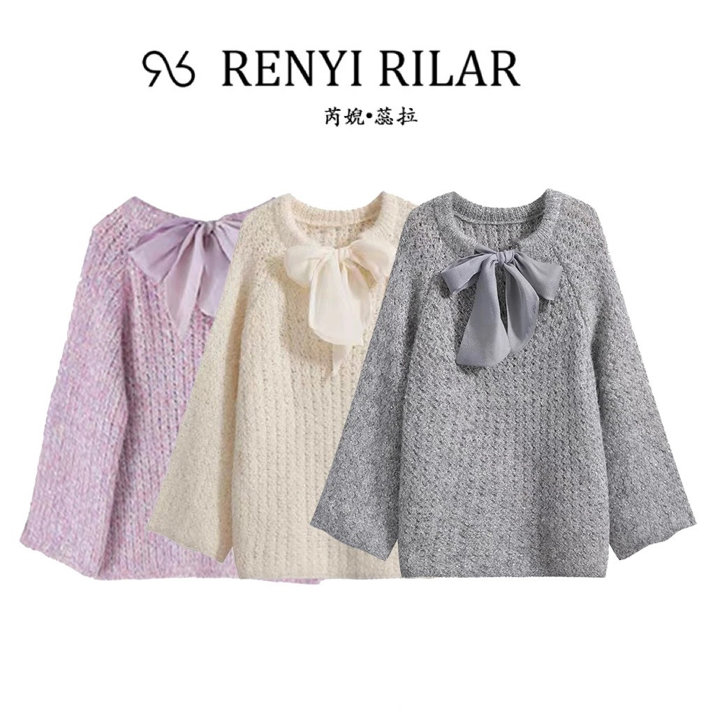 RENYI RILAR新品韩系甜美蝴蝶结系带宽松套头针织毛衣RRSY050