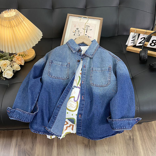 海洋家特价童装 男女童春秋牛仔衬衫 儿童中大童渐变色牛仔外套