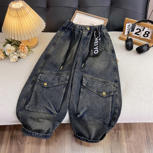 海洋家特价童装男女童中大童潮款牛仔裤儿童水洗工装裤春款休闲裤