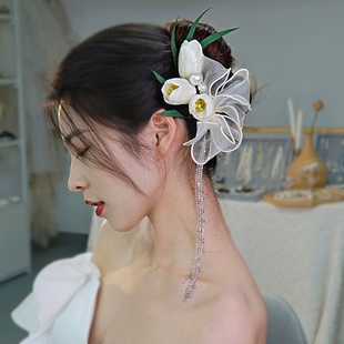法式轻复古典绢纱蝴蝶结郁绒面花朵流苏新娘发饰汉服礼服婚纱头饰
