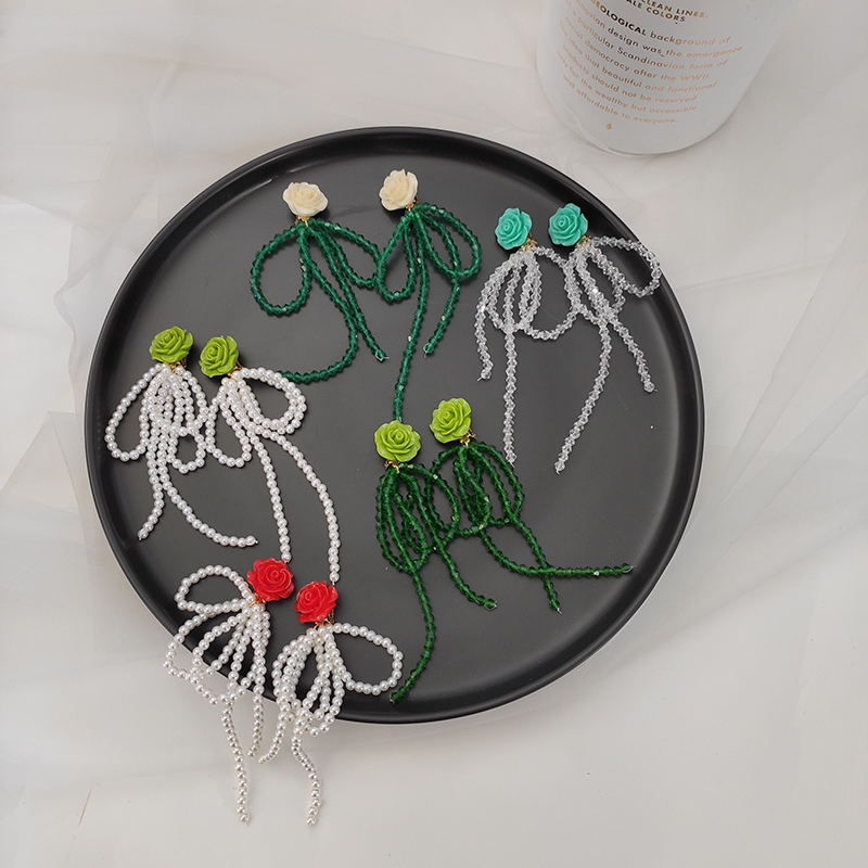 韩式绿色花朵珍珠水晶女长耳夹式