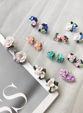 夏季耳钉手工新款小众设计油画高级感小清新绿色多彩色花朵耳饰女