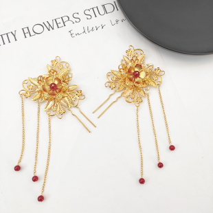 复古宫廷金色流苏大对簪子国风中式 饰头饰新娘流苏发饰 汉服古装