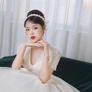 甜美森系复古宫廷珍珠蝴蝶结网花朵发带全套装 手腕花新娘婚纱头饰