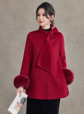 双面羊毛呢外套女2026新款秋冬围巾领宽松小个子狐狸毛袖呢子大衣